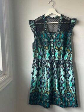 BeBop Abstract Print Elastic Waist Ruffle Sleeve Dress